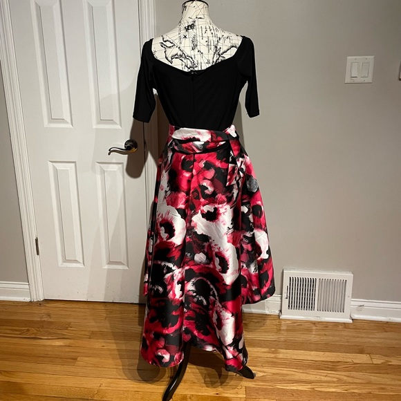 Off Shoulder Fit Flare Marble Water Floral Print Asymmetric Belt Evening Formal - Picture 3 of 6